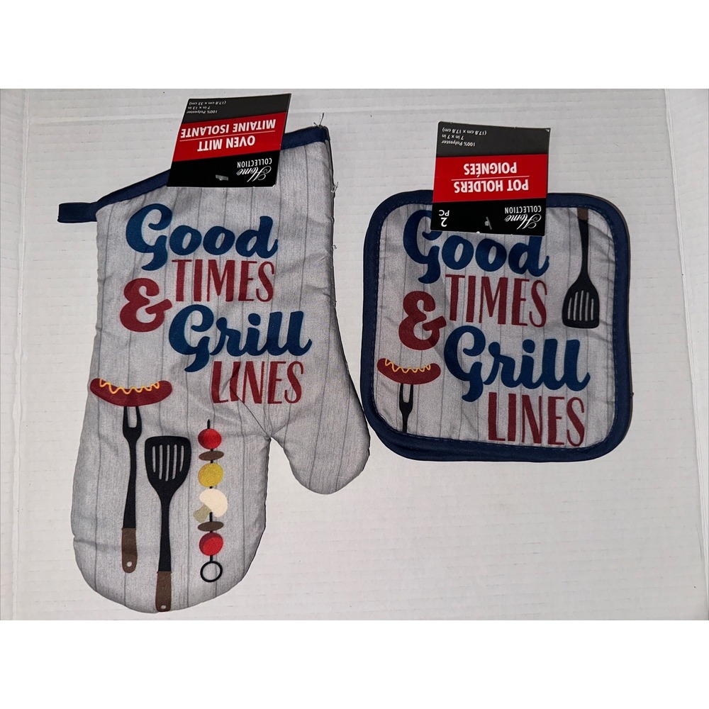 Home Collection Good Times & Grill Lines Oven Mitt and Pot Holders BBQ Set Gray